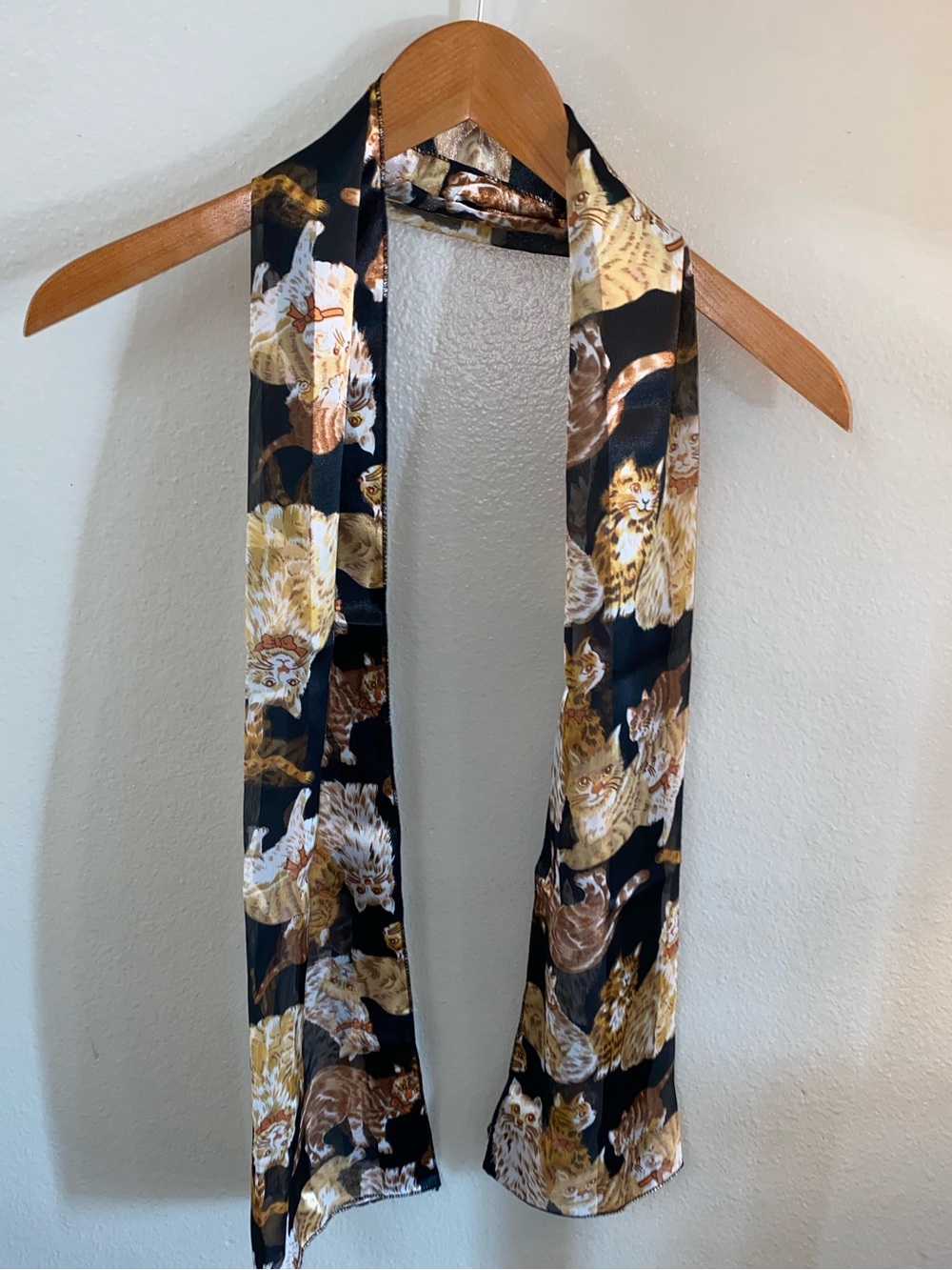 Vintage Novelty Cats With Bow Ties Print Scarf Striped Satin Sheer Whimsical